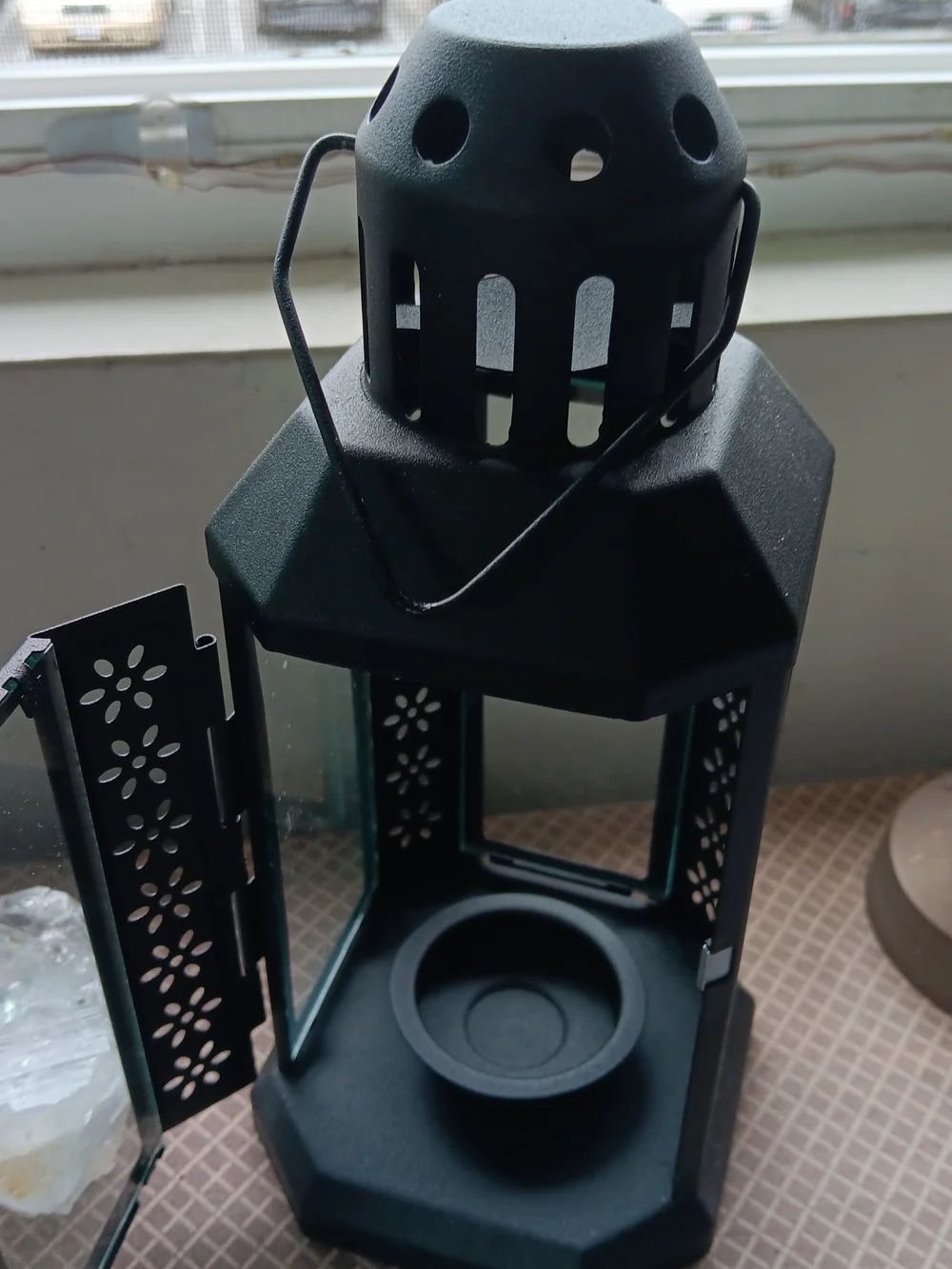Candle Lantern, Black Metal w/ Glass Panels, Nwts